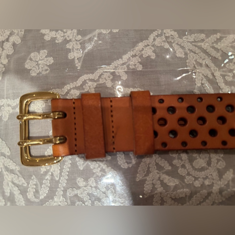 ❤️ WCM New York Perforated Brown Leather Belt with Gold Buckle